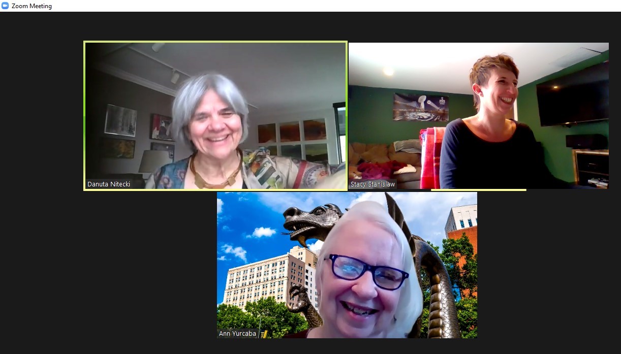 A screenshot of a Zoom meeting with three women from the Libraries staff.